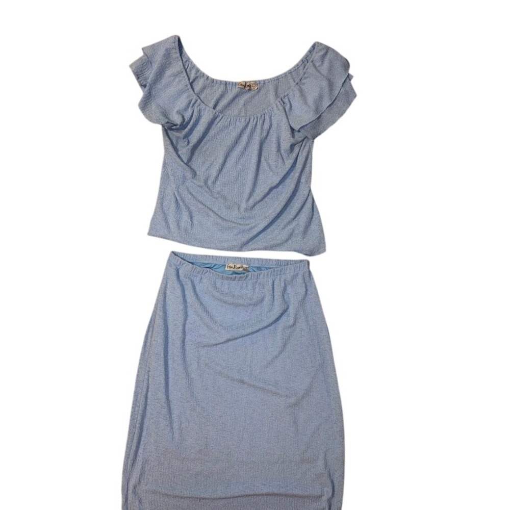 Vintage Erica Brooke Blue 2 Piece Skirt Set Ruffle Crop Top‎ Midi Skirt Plus 1X